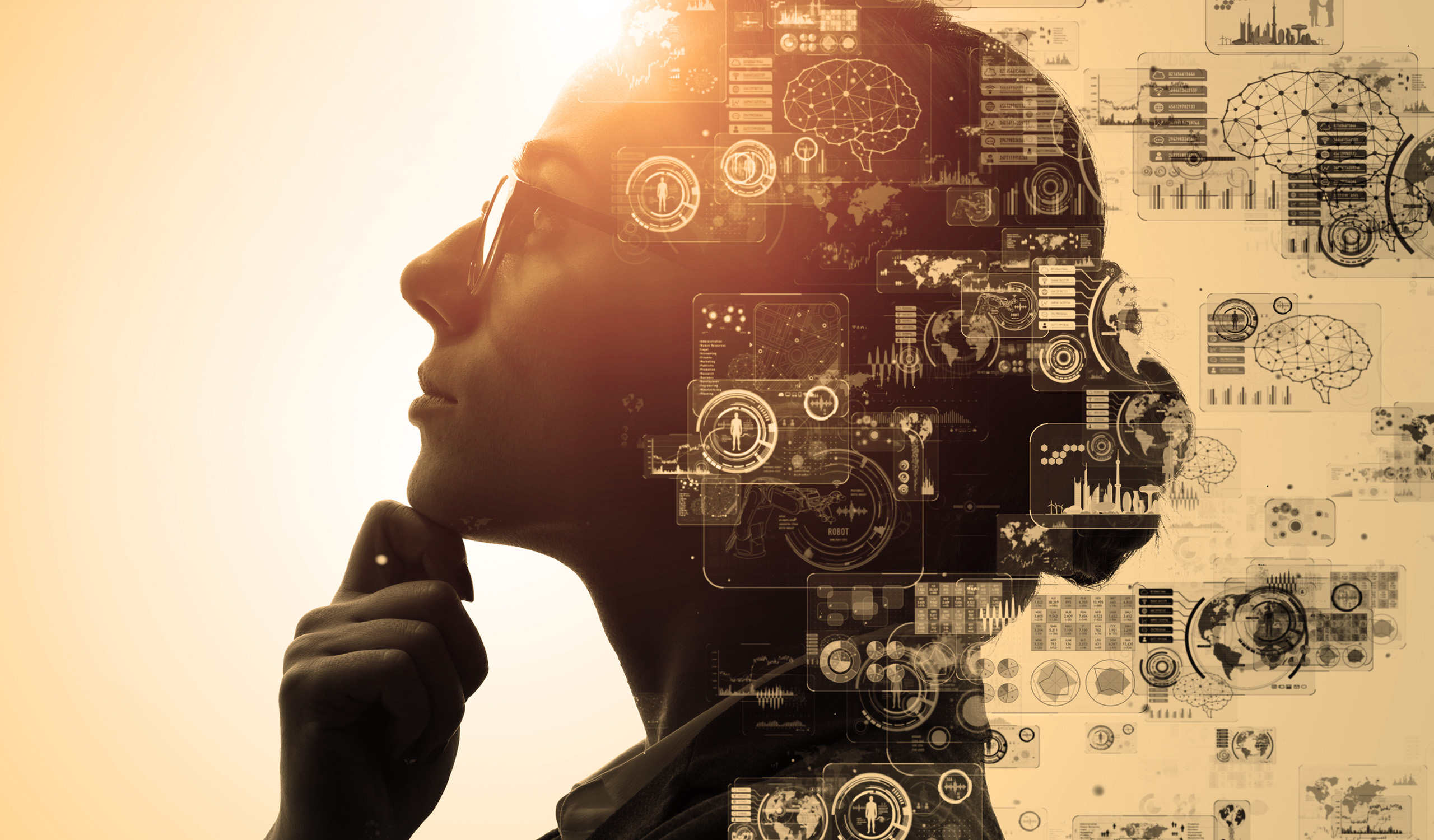 A person in contemplation, overlaid with data and research visualisations
